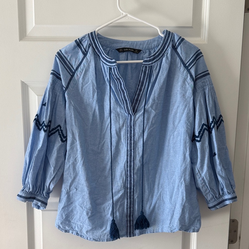 Zara Light Blue Embroidered Blouse